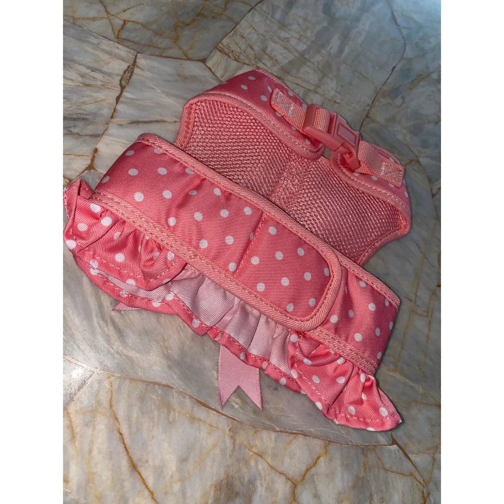 Simply Wag Pink Polka Dot Ruffle Dog Harness Vest with Satin Bow Small